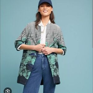 Anthropologie Green Floral & Black-White Houndstooth Open Front Blazer